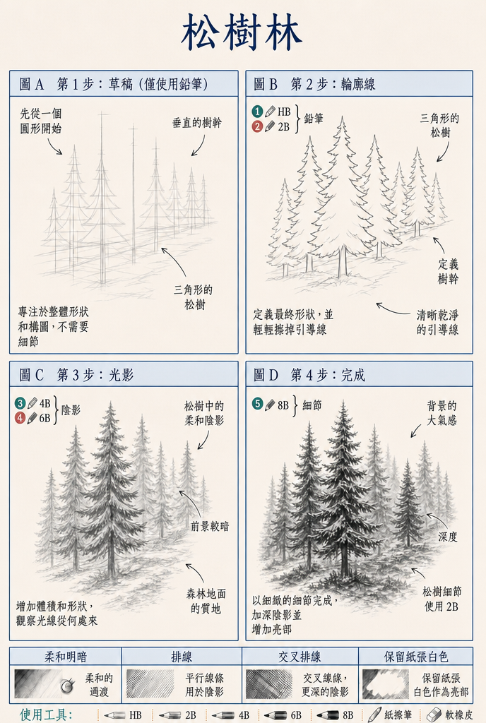 步驟式練習圖 — 松樹林