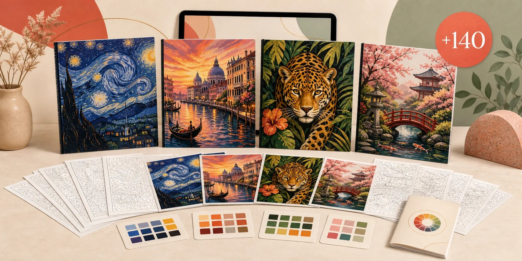Colección digital De Números a Arte con cuatro cuadernos para colorear por números y guía rápida