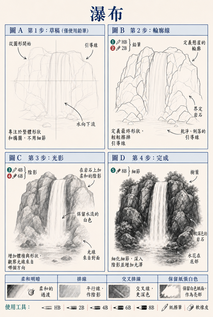 步驟式練習圖 — 湖面倒影